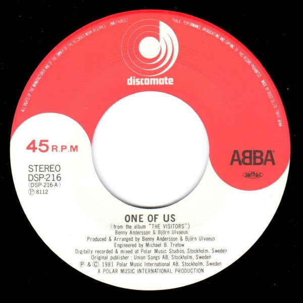 ABBA - One Of Us (Vinyl, 7", 45 RPM, Single) Very Good Plus (VG+) / Very Good Plus (VG+)
