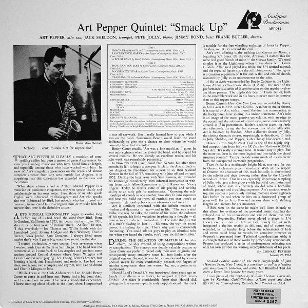 Art Pepper Quintet - Smack Up (Vinyl, LP, Album, Limited Edition, Numbered, Reissue, Stereo) Very Good Plus (VG+) / Near Mint (NM or M-)
