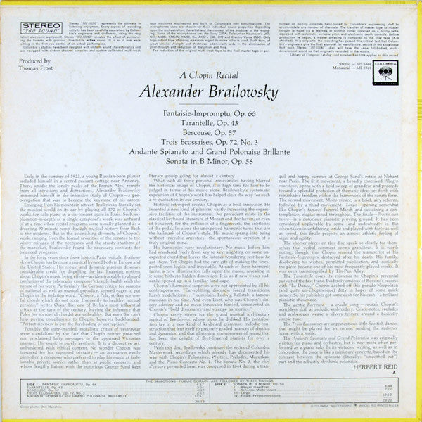 Alexander Brailowsky - A Chopin Recital (Vinyl, LP, Stereo) Very Good Plus (VG+) / Very Good Plus (VG+)