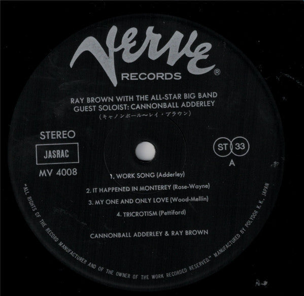 Ray Brown All-Star Big Band - Ray Brown With The All-Star Big Band - Guest Soloist: Cannonball Adderley (Vinyl, LP, Album, Reissue, Stereo) Very Good Plus (VG+) / Very Good (VG)