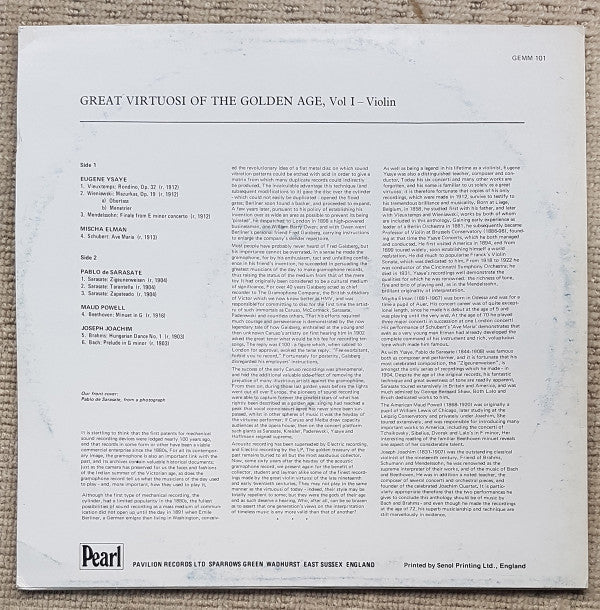 Eugène Ysaÿe - Great Virtuosi Of The Golden Age - Volume 1 - Violin (Vinyl, LP, Compilation, Mono) Very Good Plus (VG+) / Very Good Plus (VG+)