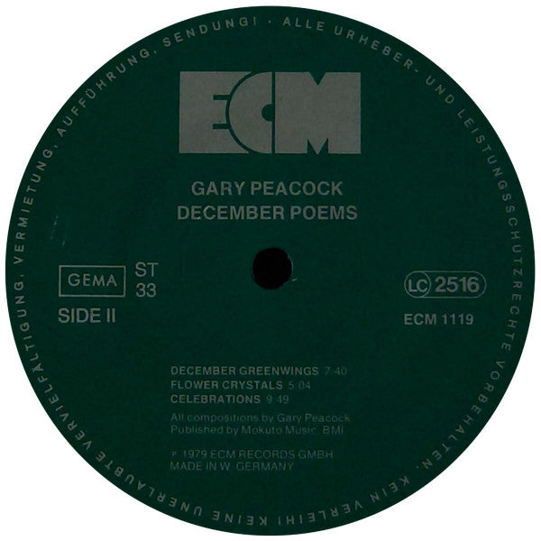 Gary Peacock - December Poems (Vinyl, LP, Album) Very Good Plus (VG+) / Very Good (VG)