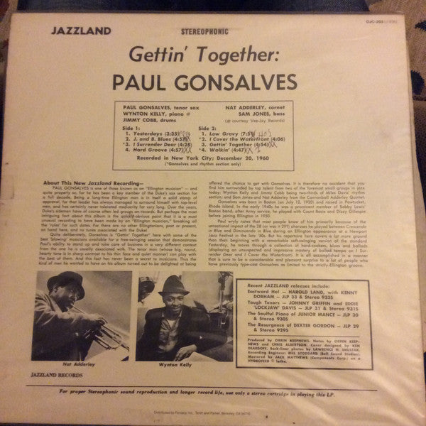 Paul Gonsalves - Gettin' Together (Vinyl, LP, Album, Reissue) Good Plus (G+) / Very Good Plus (VG+)