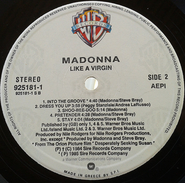 Madonna - Like A Virgin (Vinyl, LP, Album, Reissue) Very Good (VG) / Good Plus (G+)