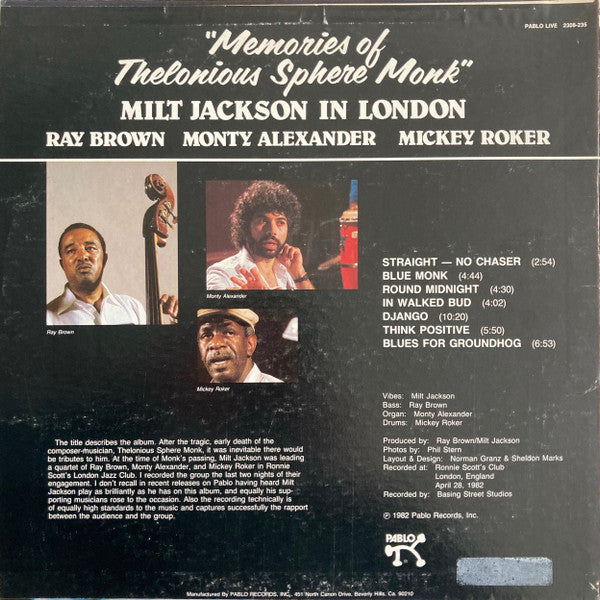 Milt Jackson - Memories Of Thelonious Sphere Monk (Milt Jackson In London) (Vinyl, LP, Album) Very Good Plus (VG+) / Near Mint (NM or M-)