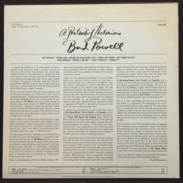 Bud Powell - A Portrait Of Thelonious (Vinyl, LP, Album, Stereo)