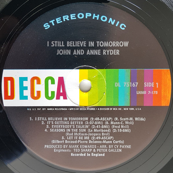 John & Anne Ryder - I Still Believe In Tomorrow (Vinyl, LP, Album, Stereo) Very Good (VG) / Very Good Plus (VG+)