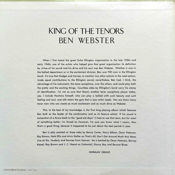 Ben Webster - King Of The Tenors (Vinyl, LP, Album, Reissue, Mono) Very Good Plus (VG+) / Very Good Plus (VG+)