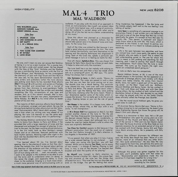 Mal Waldron - Mal/4 Trio (Vinyl, LP, Album, Reissue, Mono) Very Good Plus (VG+) / Very Good (VG)
