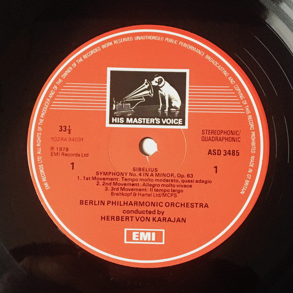 Jean Sibelius - Symphony No. 4 / Tapiola (Vinyl, LP, Stereo, Quadraphonic) Very Good (VG) / Very Good Plus (VG+)