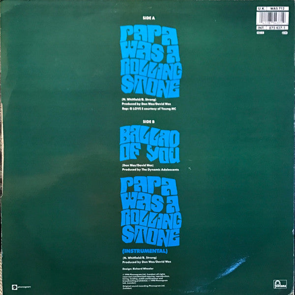 Was (Not Was) - Papa Was A Rolling Stone (Vinyl, 12", 45 RPM, Single) Very Good Plus (VG+) / Very Good (VG)
