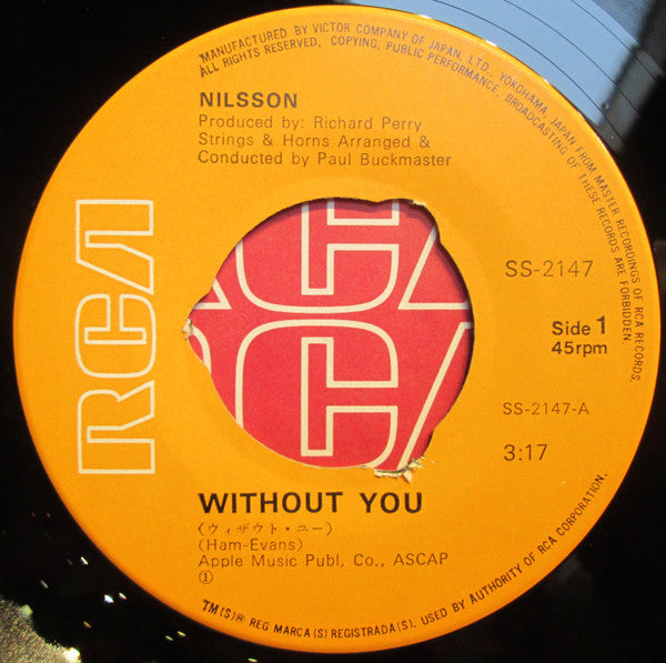 Harry Nilsson - ウィザウト・ユー = Without You (Vinyl, 7", 45 RPM, Single, Stereo) Very Good Plus (VG+) / Very Good Plus (VG+)