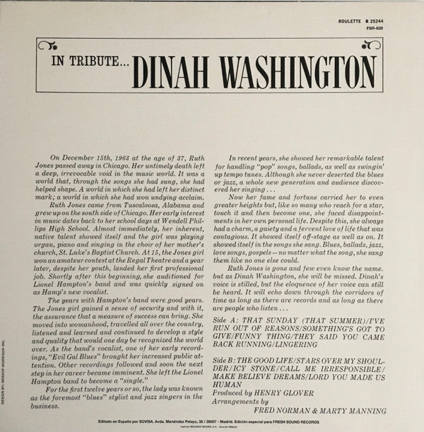 Dinah Washington - In Tribute (Vinyl, LP, Reissue) Very Good Plus (VG+) / Very Good Plus (VG+)