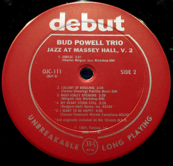 The Bud Powell Trio - Jazz At Massey Hall Volume Two (Vinyl, LP, Album, Reissue, Mono) Very Good (VG) / Very Good (VG)