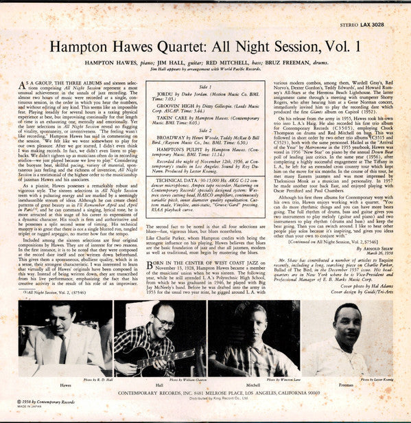 Hampton Hawes Quartet - All Night Session, Vol. 1 (Vinyl, LP, Album, Limited Edition, Reissue, Stereo) Very Good Plus (VG+) / Very Good Plus (VG+)