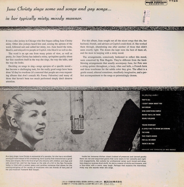 June Christy - The Misty Miss Christy (Vinyl, LP, Album, Reissue, Mono) Near Mint (NM or M-) / Very Good (VG)