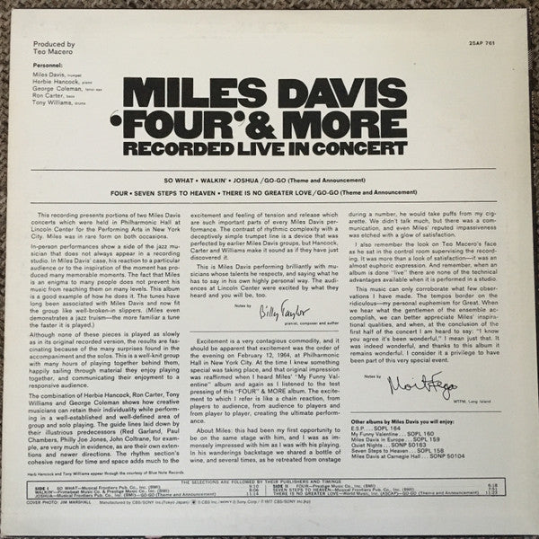 Miles Davis - 'Four' & More - Recorded Live In Concert (Vinyl, LP, Album, Reissue, Stereo) Very Good (VG) / Very Good (VG)