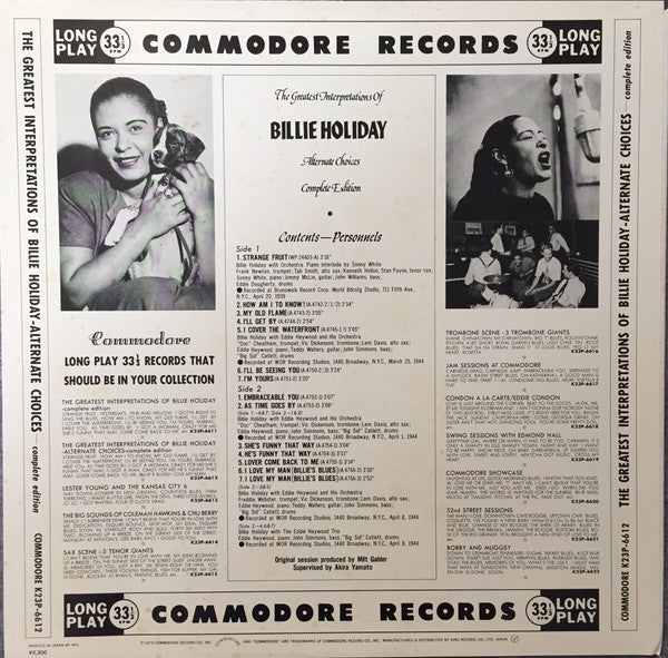 Billie Holiday - The Greatest Interpretations Of Billie Holiday - Alternate Choices - complete edition (Vinyl, LP, Compilation, Reissue, Mono) Very Good Plus (VG+) / Very Good Plus (VG+)