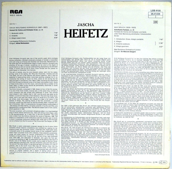 Jascha Heifetz - Violin Concerto In D / Scottish Fantasy (Vinyl, LP, Compilation, Stereo) Very Good Plus (VG+) / Very Good Plus (VG+)