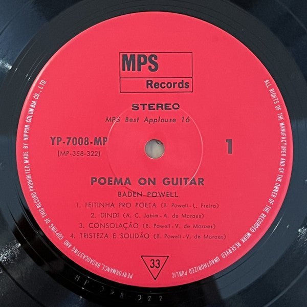 Baden Powell - Poema On Guitar (Vinyl, LP, Album, Reissue) Very Good Plus (VG+) / Good Plus (G+)