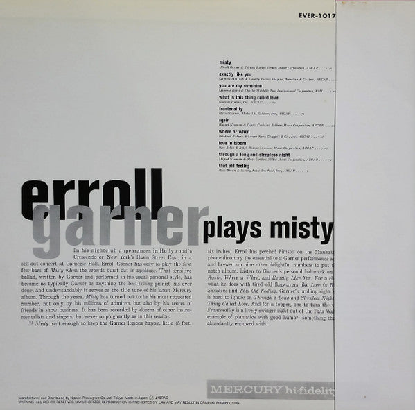 Erroll Garner - Erroll Garner Plays Misty (Vinyl, LP, Album, Reissue, Mono) Very Good Plus (VG+) / Very Good (VG)