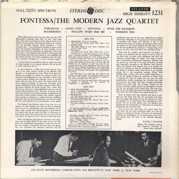 The Modern Jazz Quartet - Fontessa (Vinyl, LP, Album, Reissue, Repress, Stereo) Very Good Plus (VG+) / Very Good (VG)