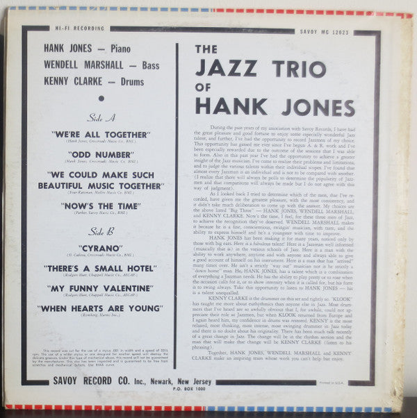 Hank Jones - The Jazz Trio Of Hank Jones (Vinyl, LP, Album, Reissue, Mono) Very Good (VG) / Very Good (VG)