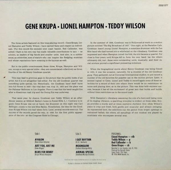 Gene Krupa - Gene Krupa • Lionel Hampton • Teddy Wilson (Vinyl, LP, Album, Reissue) Very Good Plus (VG+) / Very Good Plus (VG+)