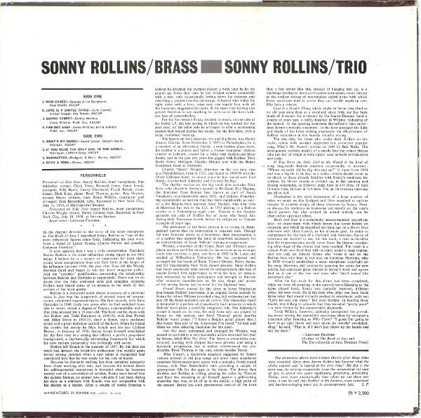 Sonny Rollins - Brass And Trio (Vinyl, LP, Album, Reissue, Stereo) Very Good Plus (VG+) / Good Plus (G+)