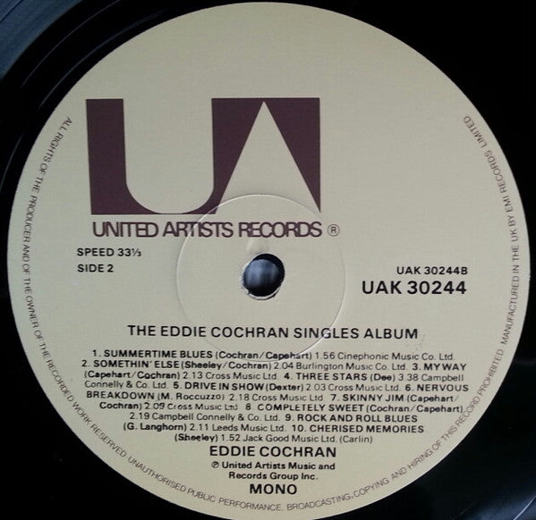 Eddie Cochran - The Eddie Cochran Singles Album (Vinyl, LP, Compilation, Mono) Very Good (VG) / Good Plus (G+)