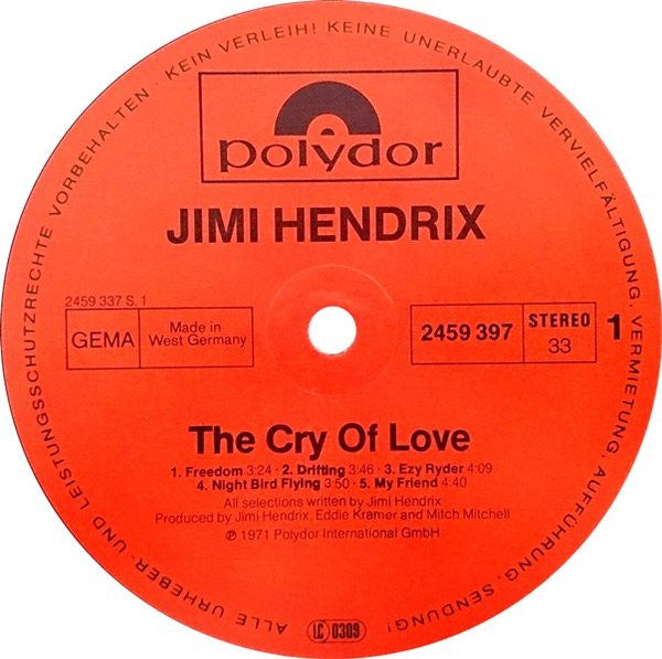 Jimi Hendrix - The Cry Of Love (Vinyl, LP, Album, Reissue) Very Good Plus (VG+) / Very Good Plus (VG+)