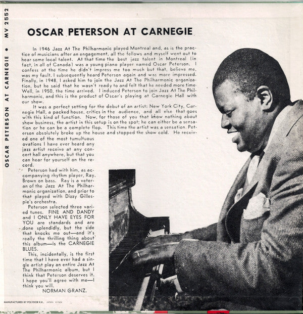 Oscar Peterson - Oscar Peterson At Carnegie (Vinyl, LP, Album, Reissue, Mono) Very Good Plus (VG+) / Good Plus (G+)