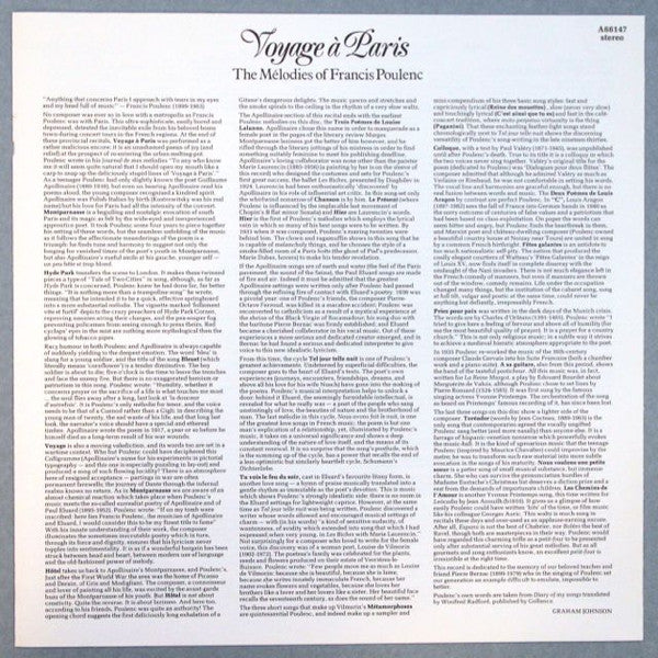 Francis Poulenc - Voyage À Paris (The Mélodies Of Francis Poulenc) (Vinyl, LP, Stereo) Very Good Plus (VG+) / Very Good Plus (VG+)