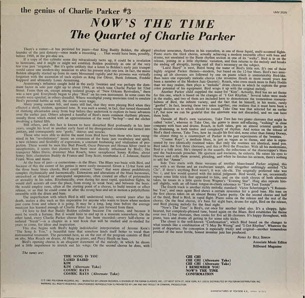 The Charlie Parker Quartet - Now's The Time (Vinyl, LP, Album, Reissue, Mono) Very Good Plus (VG+) / Very Good Plus (VG+)
