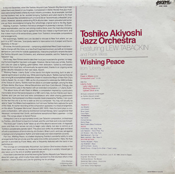 Toshiko Akiyoshi Jazz Orchestra - Wishing Peace From "Liberty Suite" (Vinyl, LP, Album) Very Good Plus (VG+) / Very Good (VG)