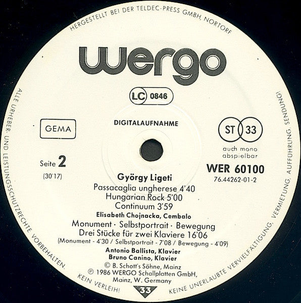 György Ligeti - Trio Für Violine, Horn Und Klavier - Passacaglia Ungherese / Hungarian Rock / Continuum - Monument · Selbstportrait · Bewegung (Vinyl, LP) Very Good Plus (VG+) / Very Good (VG)