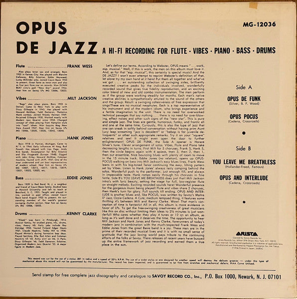 Milt Jackson - Opus De Jazz (Vinyl, LP, Album, Reissue, Mono) Very Good Plus (VG+) / Very Good Plus (VG+)
