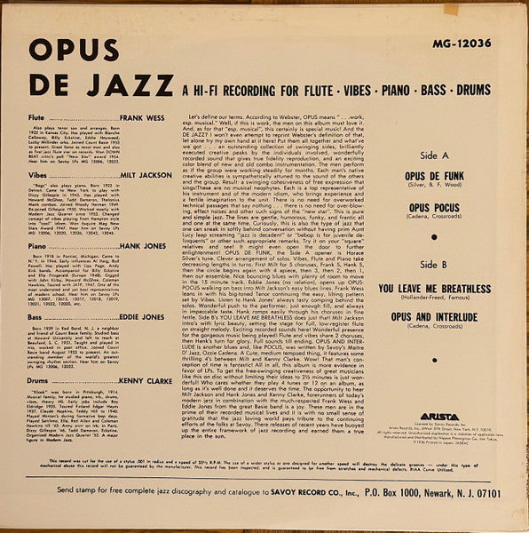 Milt Jackson - Opus De Jazz (Vinyl, LP, Album, Reissue, Mono)
