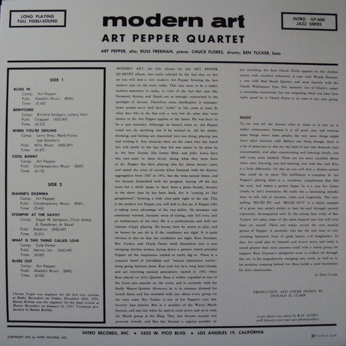 Art Pepper Quartet - Modern Art (Vinyl, LP, Album, Reissue, Remastered, Mono) Very Good Plus (VG+) / Near Mint (NM or M-)