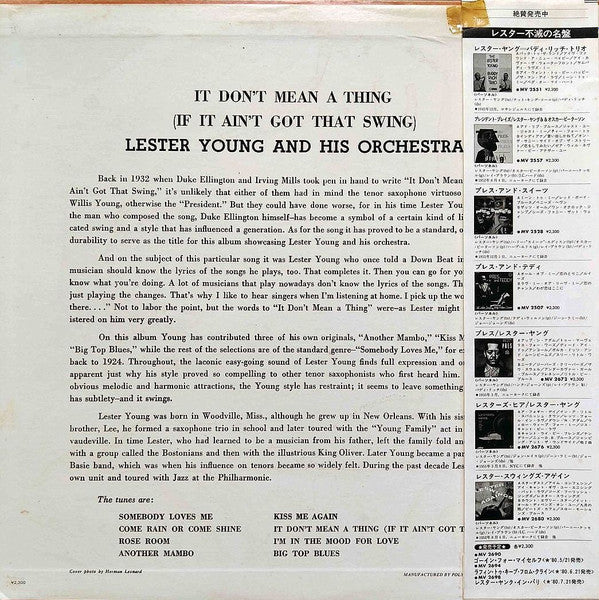 Lester Young And His Orchestra - It Don't Mean A Thing (If It Ain't Got That Swing) (Vinyl, LP, Album, Reissue, Mono) Very Good (VG) / Very Good (VG)