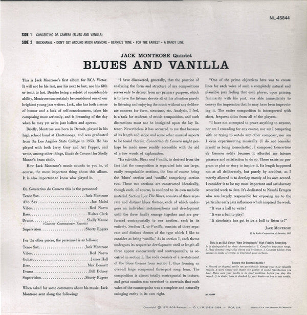 The Jack Montrose Quintet - Blues And Vanilla (Vinyl, LP, Album, Reissue, Mono) Very Good Plus (VG+) / Very Good (VG)