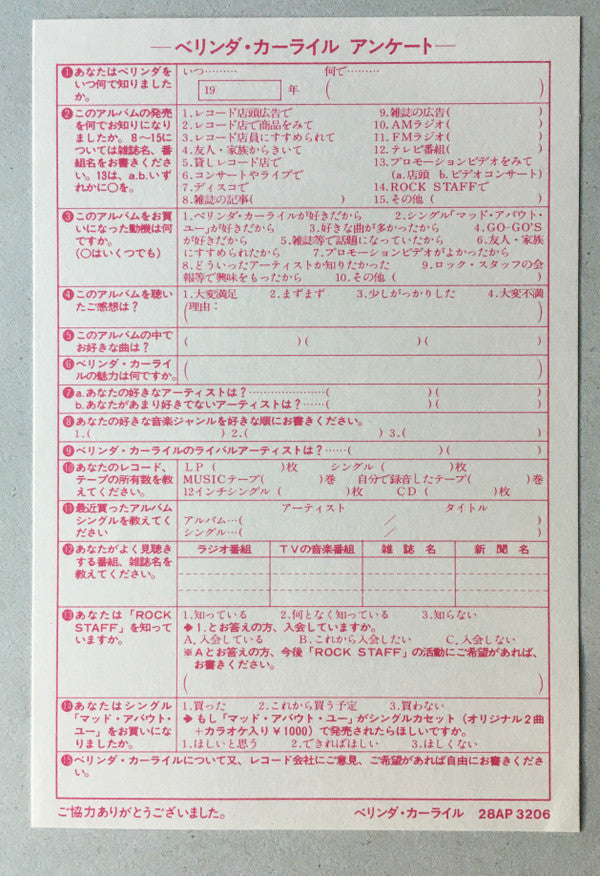 Belinda Carlisle - Belinda (Vinyl, LP, Album) Near Mint (NM or M-) / Near Mint (NM or M-)