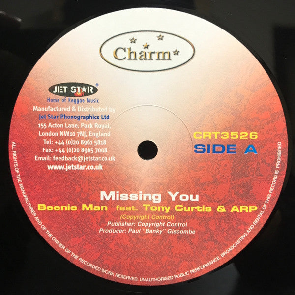 Beenie Man - Missing You / Sweetness Of Your Love (Vinyl, 12", 45 RPM) Very Good Plus (VG+) / Very Good (VG)