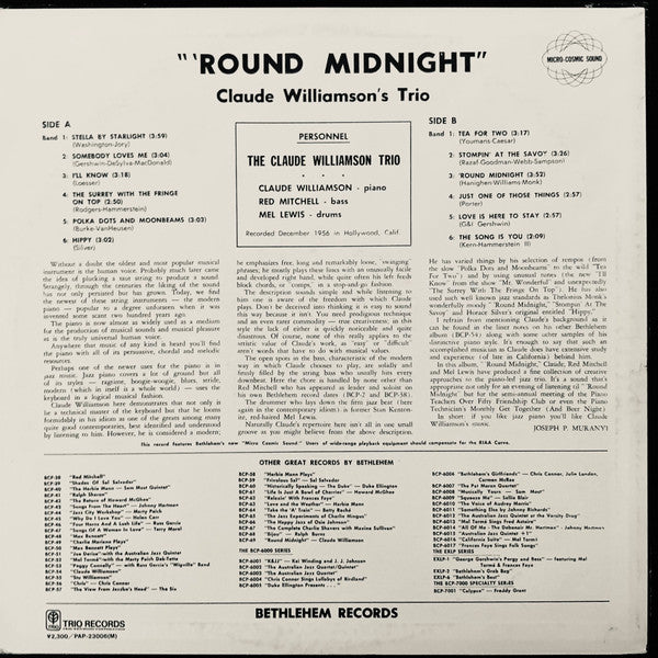 The Claude Williamson Trio - 'Round Midnight (Vinyl, LP, Album, Reissue, Mono) Very Good Plus (VG+) / Very Good Plus (VG+)