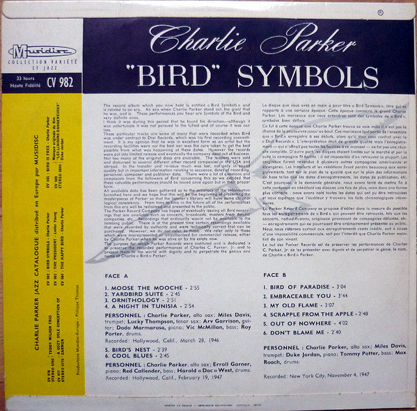 Charlie Parker - "Bird" Symbols (Vinyl, LP, Album, Reissue, Repress) Good Plus (G+) / Very Good (VG)
