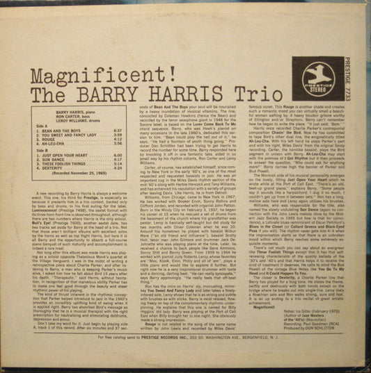 Barry Harris Trio - Magnificent! (Vinyl, LP, Album, Reissue, Stereo) Near Mint (NM or M-) / Very Good (VG)