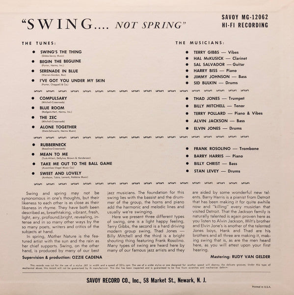 Various - Swing... Not Spring! (Vinyl, LP, Compilation, Reissue, Mono) Very Good Plus (VG+) / Very Good Plus (VG+)