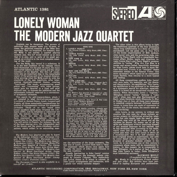 The Modern Jazz Quartet - Lonely Woman (Vinyl, LP, Reissue, Stereo)