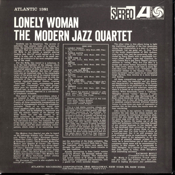 The Modern Jazz Quartet - Lonely Woman (Vinyl, LP, Reissue, Stereo) Very Good Plus (VG+) / Very Good Plus (VG+)