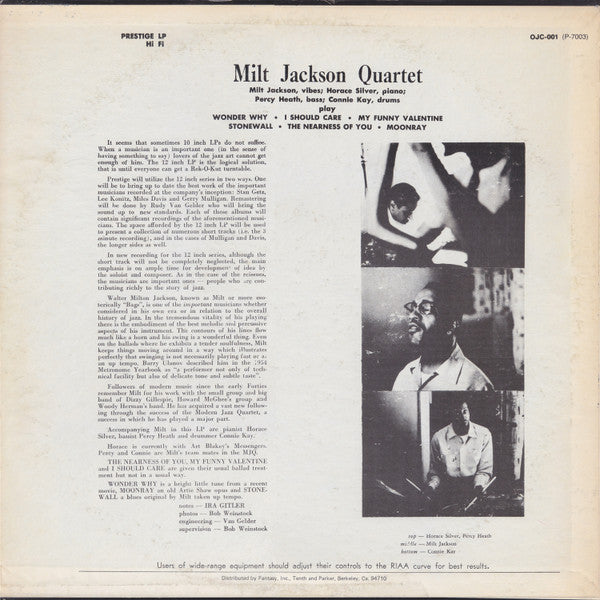 Milt Jackson - Milt Jackson Quartet (Vinyl, LP, Album, Reissue, Mono) Very Good (VG) / Very Good Plus (VG+)